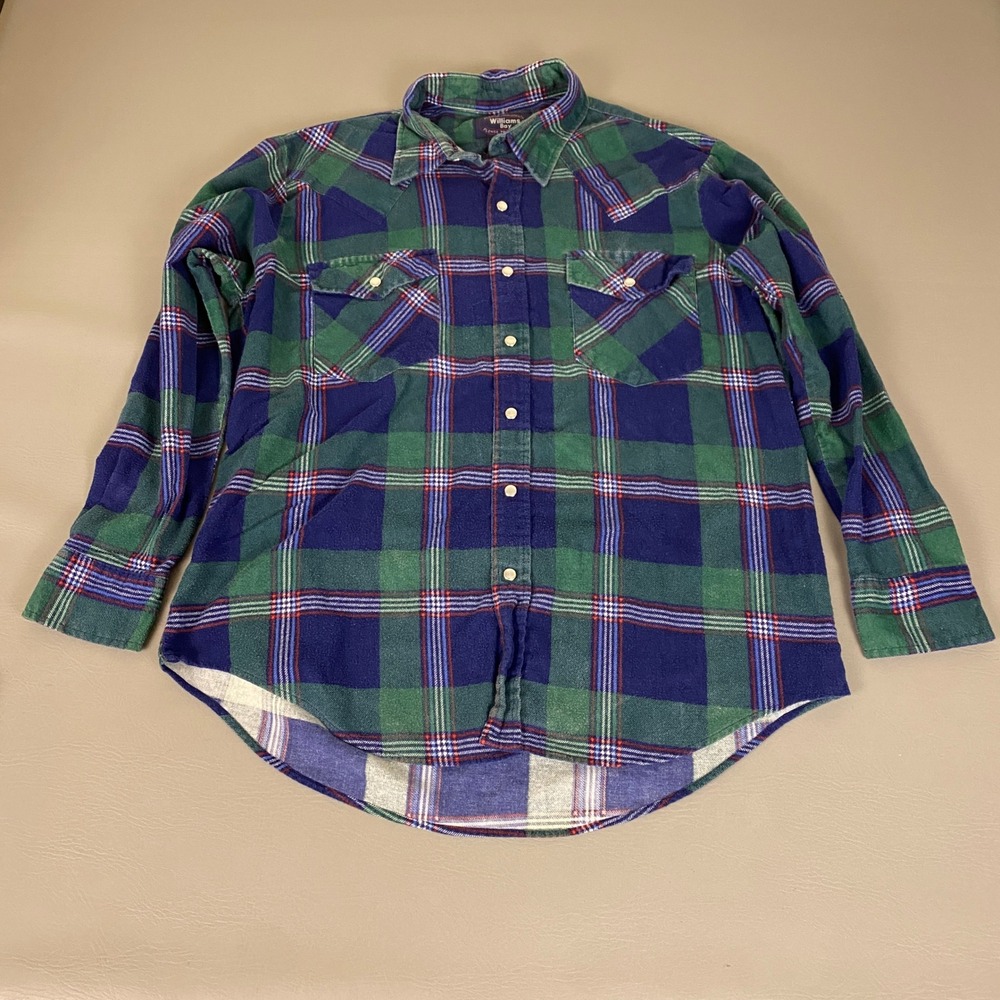 Williams Bay Flannel Shirt Pearl Snap Men's XL Plaid Western Green Blue Vintage